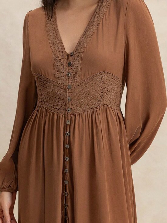 Boho Beauty Brown Women's Cinch Lace waist long sleeve Maxi Dress - Picture 8 of 8
